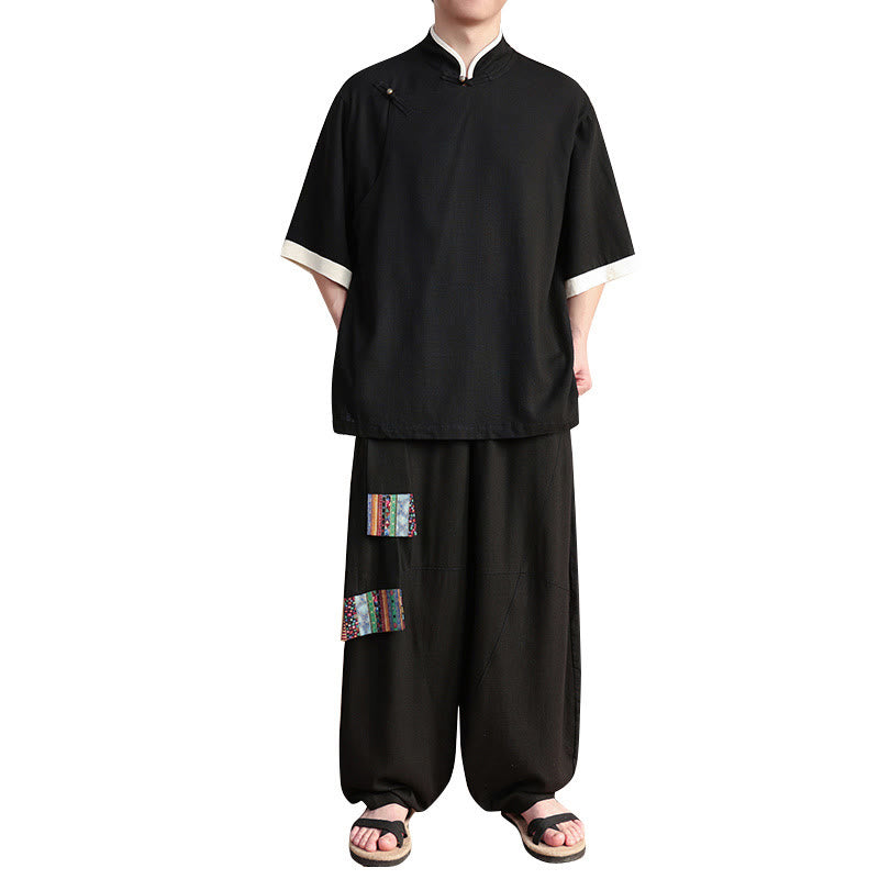 Buddha Stones 2Pcs Chinese Frog-button Men's Shirt Wide Leg Pants Meditation Cloth Set - image 5