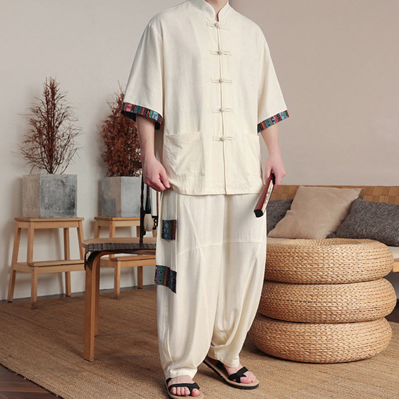 Buddha Stones 2Pcs Patchwork Chinese Frog-Button Shirt Wide Leg Pants Men's Meditation Cloth Set With Pockets - image 4