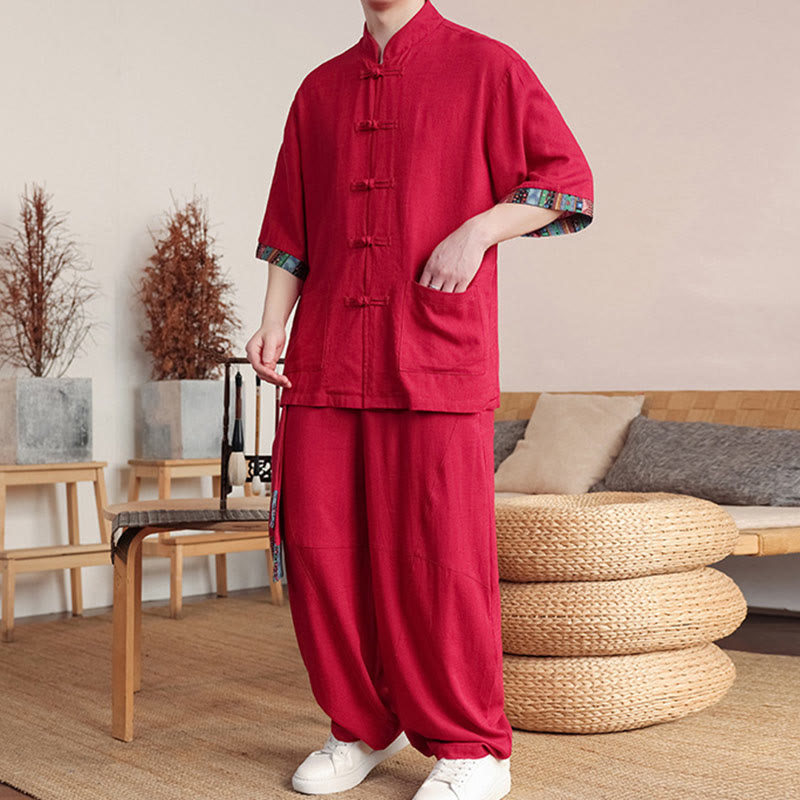 Buddha Stones 2Pcs Patchwork Chinese Frog-Button Shirt Wide Leg Pants Men's Meditation Cloth Set With Pockets - image 20