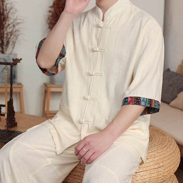 Buddha Stones 2Pcs Patchwork Chinese Frog-Button Shirt Wide Leg Pants Men's Meditation Cloth Set With Pockets - image 8