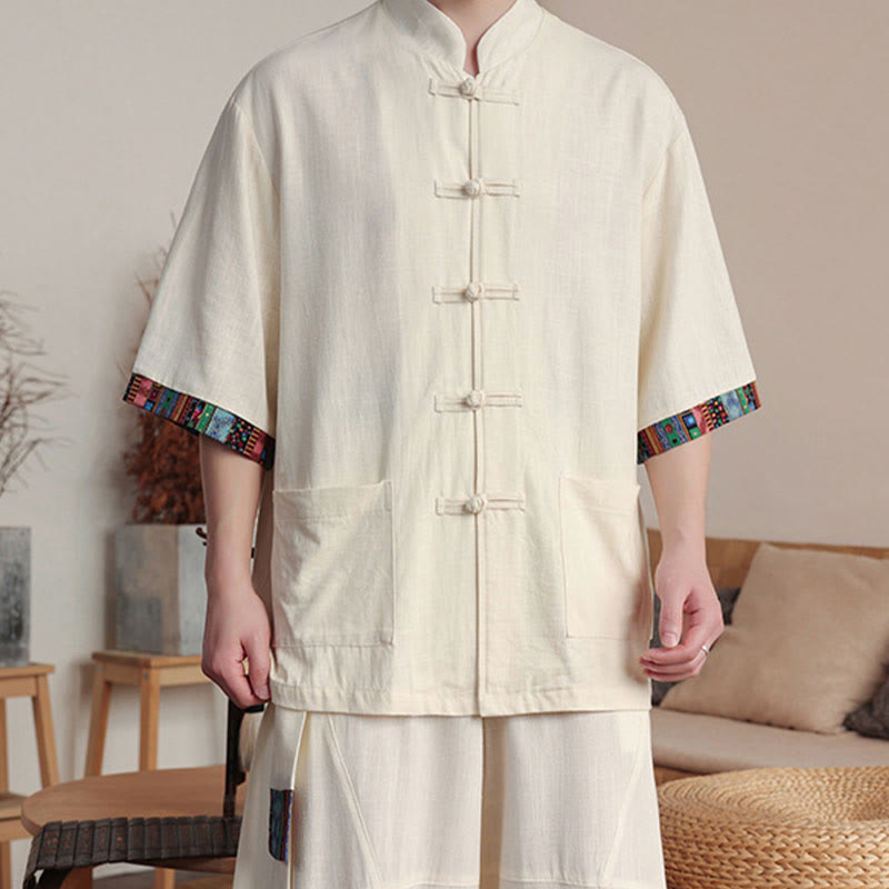 Buddha Stones 2Pcs Patchwork Chinese Frog-Button Shirt Wide Leg Pants Men's Meditation Cloth Set With Pockets - image 7