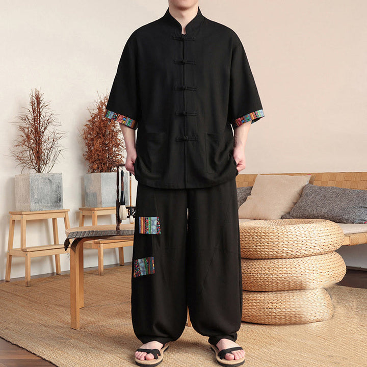 Buddha Stones 2Pcs Patchwork Chinese Frog-Button Shirt Wide Leg Pants Men's Meditation Cloth Set With Pockets - Black - US/UK/AU46，EU56 (5XL) - image 9