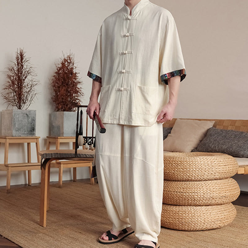Buddha Stones 2Pcs Patchwork Chinese Frog-Button Shirt Wide Leg Pants Men's Meditation Cloth Set With Pockets - image 1