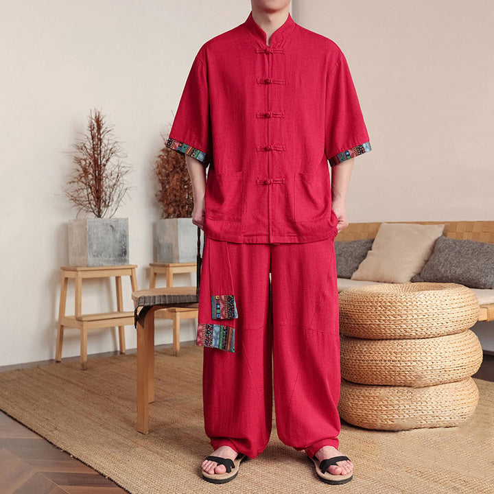 Buddha Stones 2Pcs Patchwork Chinese Frog-Button Shirt Wide Leg Pants Men's Meditation Cloth Set With Pockets - Crimson - US/UK/AU46，EU56 (5XL) - image 19