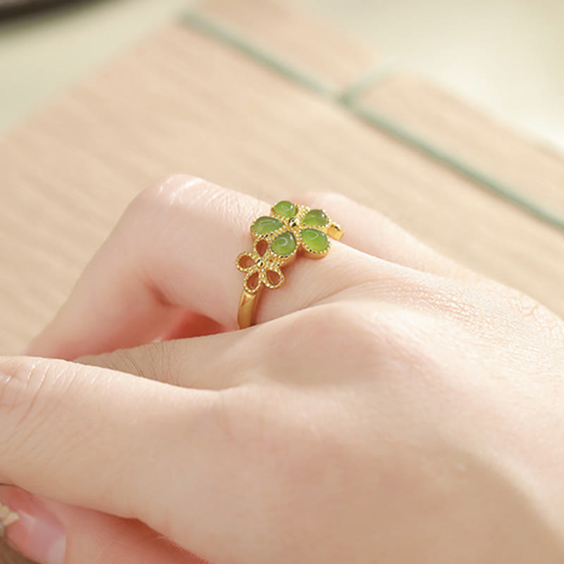 Buddha Stones Natural Hetian Jade 925 Sterling Silver Plated Gold Flower Adjustable Prosperity Ring - image 3