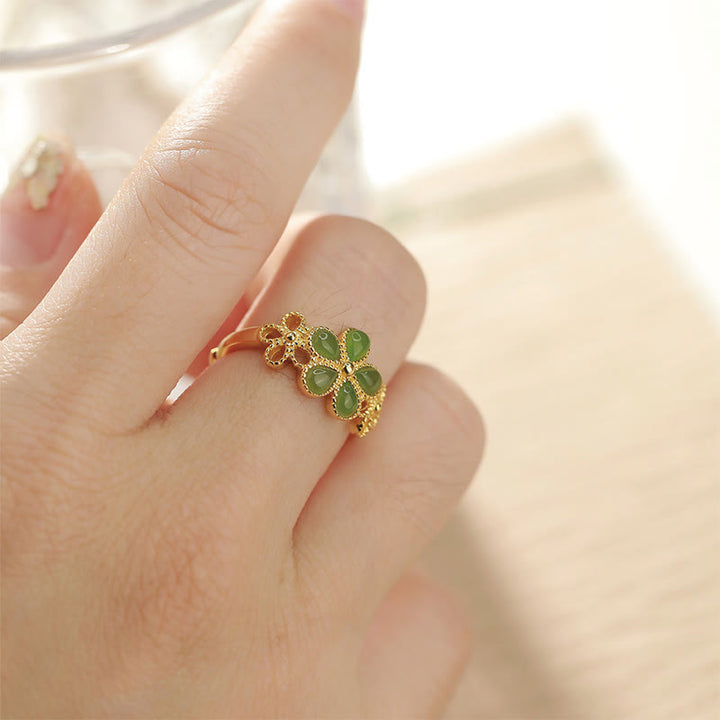 Buddha Stones Natural Hetian Jade 925 Sterling Silver Plated Gold Flower Adjustable Prosperity Ring