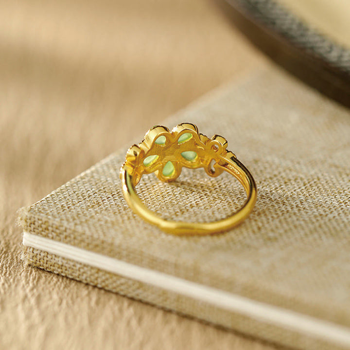 Buddha Stones Natural Hetian Jade 925 Sterling Silver Plated Gold Flower Adjustable Prosperity Ring