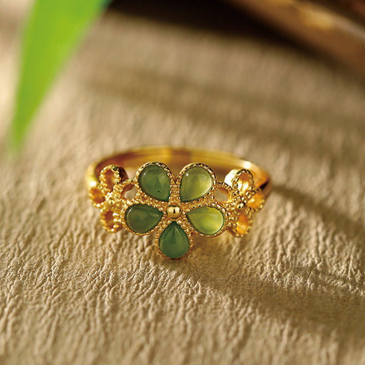 Buddha Stones Natural Hetian Jade 925 Sterling Silver Plated Gold Flower Adjustable Prosperity Ring
