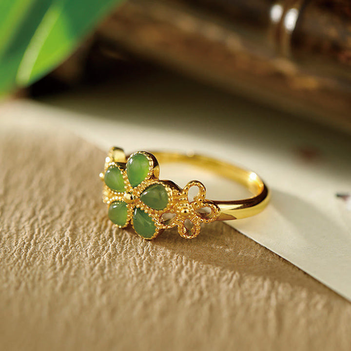 Buddha Stones Natural Hetian Jade 925 Sterling Silver Plated Gold Flower Adjustable Prosperity Ring - image 2