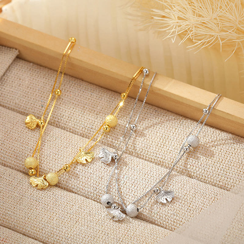 Buddha Stones 925 Sterling Silver Ginkgo Leaf Double Layer Protection Anklet
