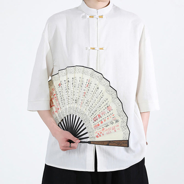 Buddha Stones Pure Color Frog-Button Half Sleeve Linen Men's Shirt - image 3