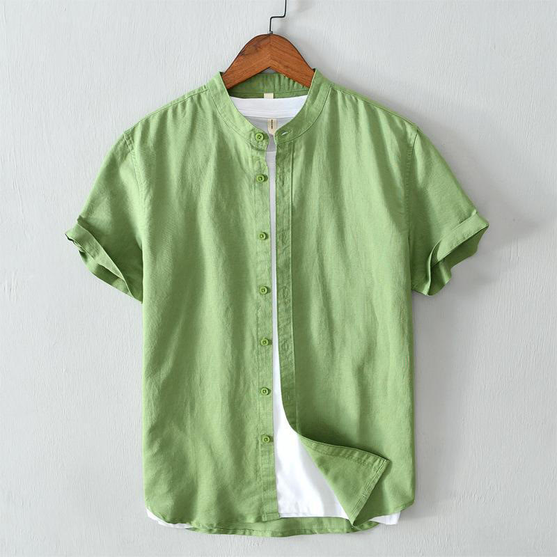 Buddha Stones Simple Style Short Sleeve Button Cotton Linen Men's Shirt - SpringGreen - US/UK/AU44，EU54 (4XL) - image 0