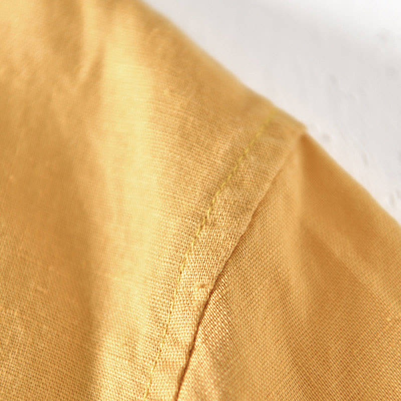 Buddha Stones Summer Stand Collar Short Sleeve Cotton Linen Half Button Men's Shirt - image 15