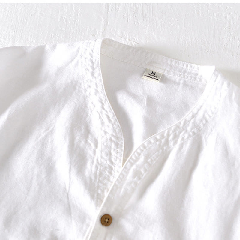 Buddha Stones Summer Stand Collar Short Sleeve Cotton Linen Half Button Men's Shirt - image 8