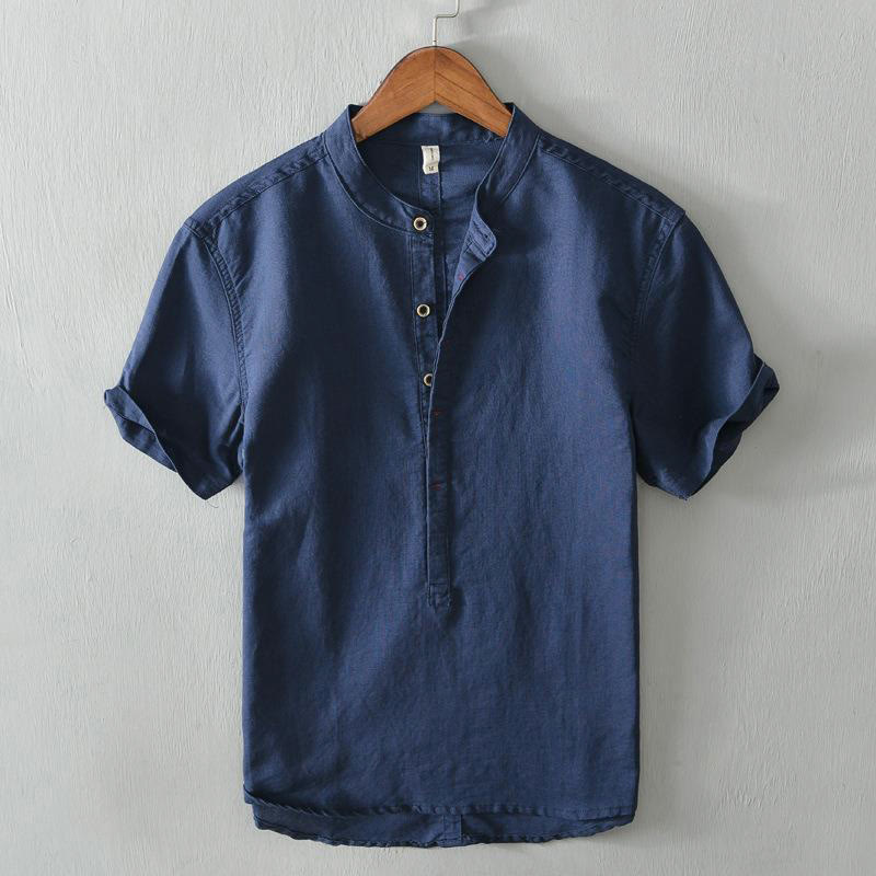 Buddha Stones Causal Simple Design Short Sleeve Cotton Linen Half Button Men's Shirt - DarkBlue - US/UK/AU44，EU54 (4XL) - image 15