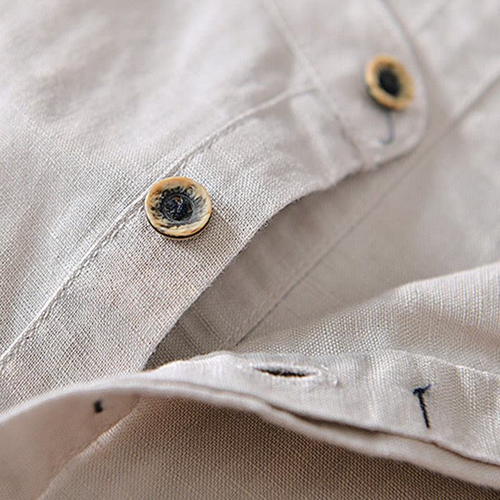 Buddha Stones Causal Simple Design Short Sleeve Cotton Linen Half Button Men's Shirt - image 3