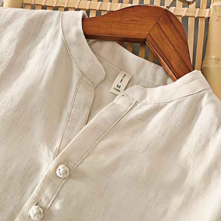 Buddha Stones Daily Solid Color Stand Collar Half Sleeve Linen Half Button Men's Shirt - image 2