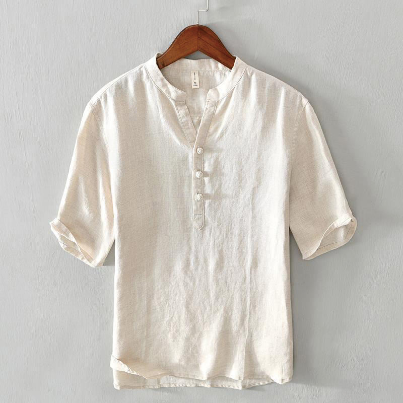 Buddha Stones Daily Solid Color Stand Collar Half Sleeve Linen Half Button Men's Shirt - LightYellow - US/UK/AU42，EU52 (3XL) - image 0