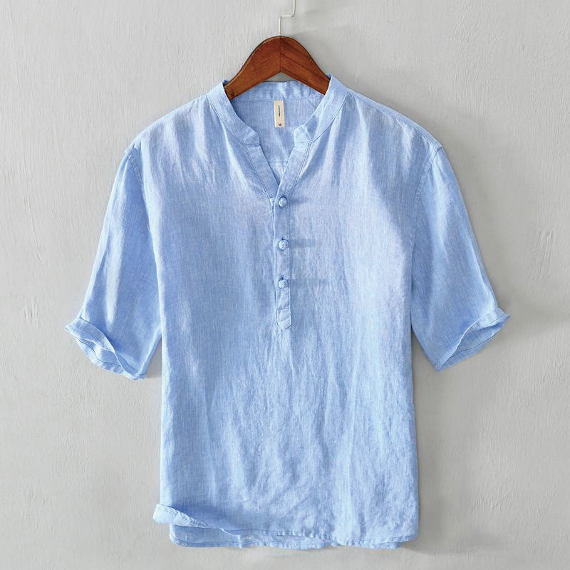Buddha Stones Daily Solid Color Stand Collar Half Sleeve Linen Half Button Men's Shirt - CornflowerBlue - US/UK/AU42，EU52 (3XL) - image 11