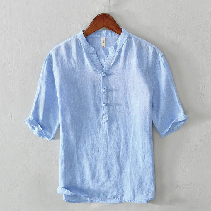 Buddha Stones Daily Solid Color Stand Collar Half Sleeve Linen Half Button Men's Shirt - CornflowerBlue - US/UK/AU42，EU52 (3XL) - image 11