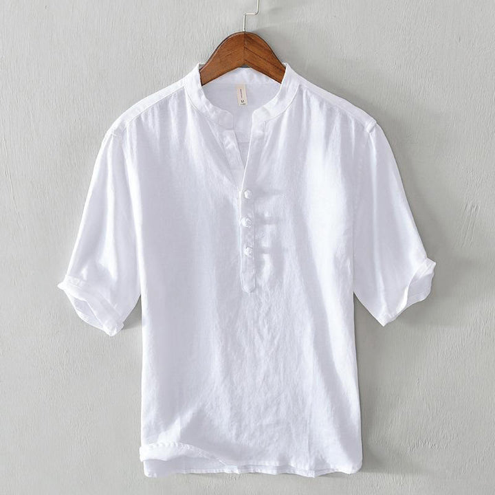 Buddha Stones Daily Solid Color Stand Collar Half Sleeve Linen Half Button Men's Shirt - White - US/UK/AU42，EU52 (3XL) - image 5