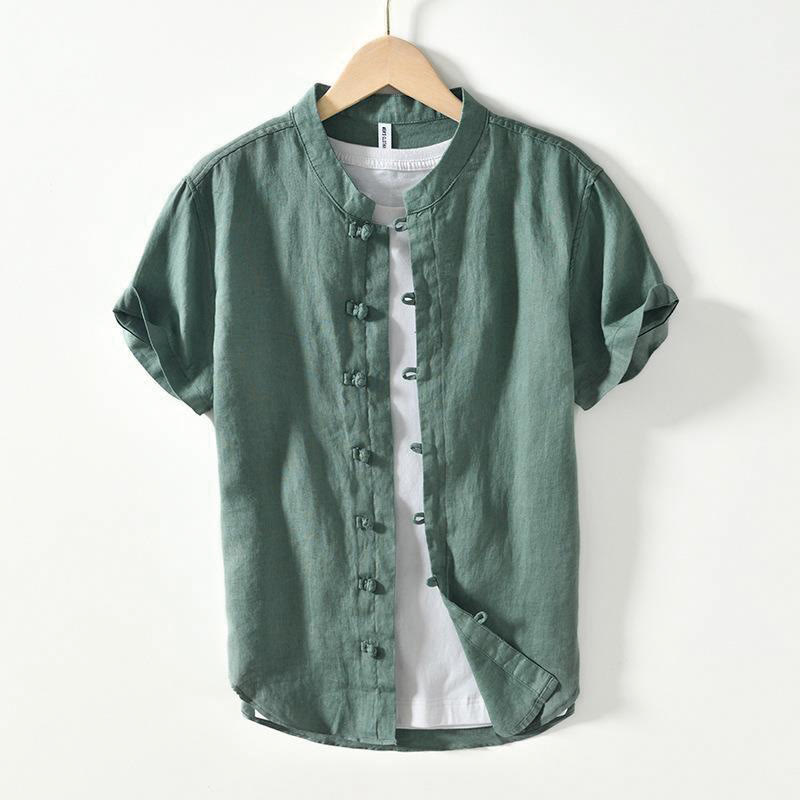 Buddha Stones Daily Frog-Button Stand Collar Short Sleeve Linen Men's Shirt - MediumSeaGreen - US/UK/AU42，EU52 (3XL) - image 18