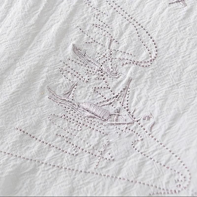 Buddha Stones Frog-button Mandarin Collar Embroidery Cotton Linen Short Sleeve Men's Shirt - image 14