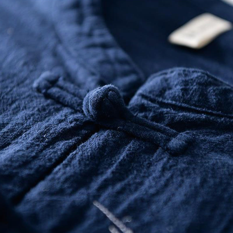 Buddha Stones Frog-button Mandarin Collar Embroidery Cotton Linen Short Sleeve Men's Shirt - image 2