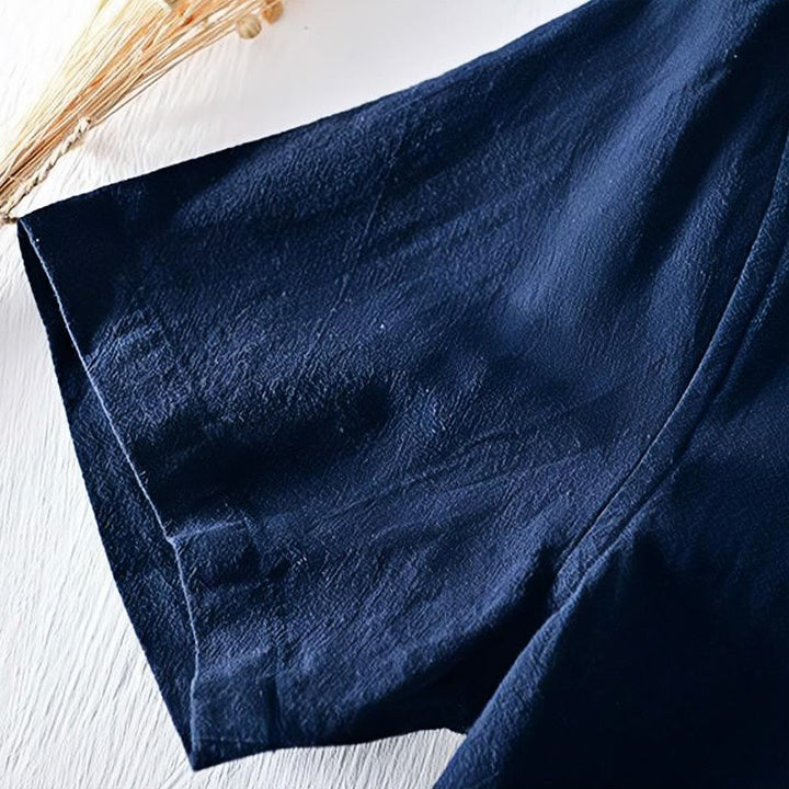 Buddha Stones Frog-button Mandarin Collar Embroidery Cotton Linen Short Sleeve Men's Shirt - image 6