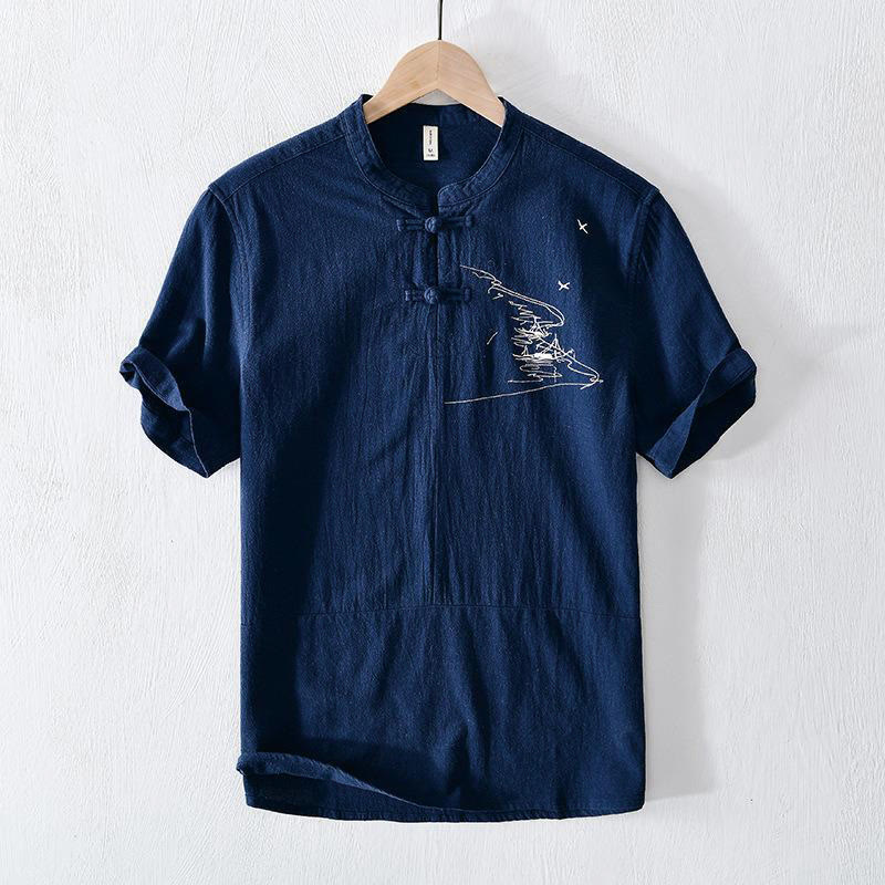 Buddha Stones Frog-button Mandarin Collar Embroidery Cotton Linen Short Sleeve Men's Shirt - Navy - US/UK/AU42，EU52 (3XL) - image 0