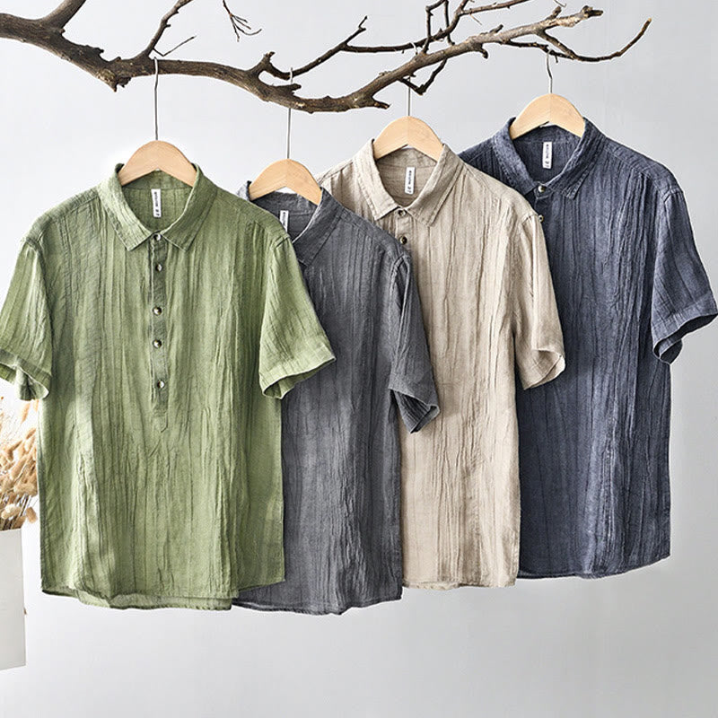 Buddha Stones Causal Plain Lapel Ramie Linen Half Button Men's Shirt - image 26