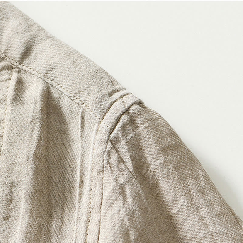 Buddha Stones Causal Plain Lapel Ramie Linen Half Button Men's Shirt - image 3