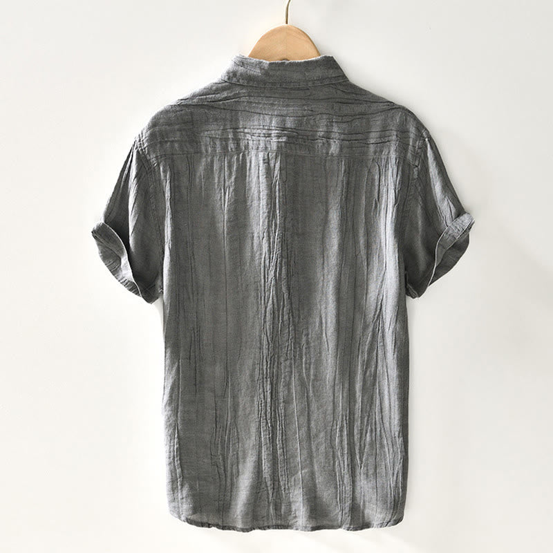 Buddha Stones Causal Plain Lapel Ramie Linen Half Button Men's Shirt - image 8