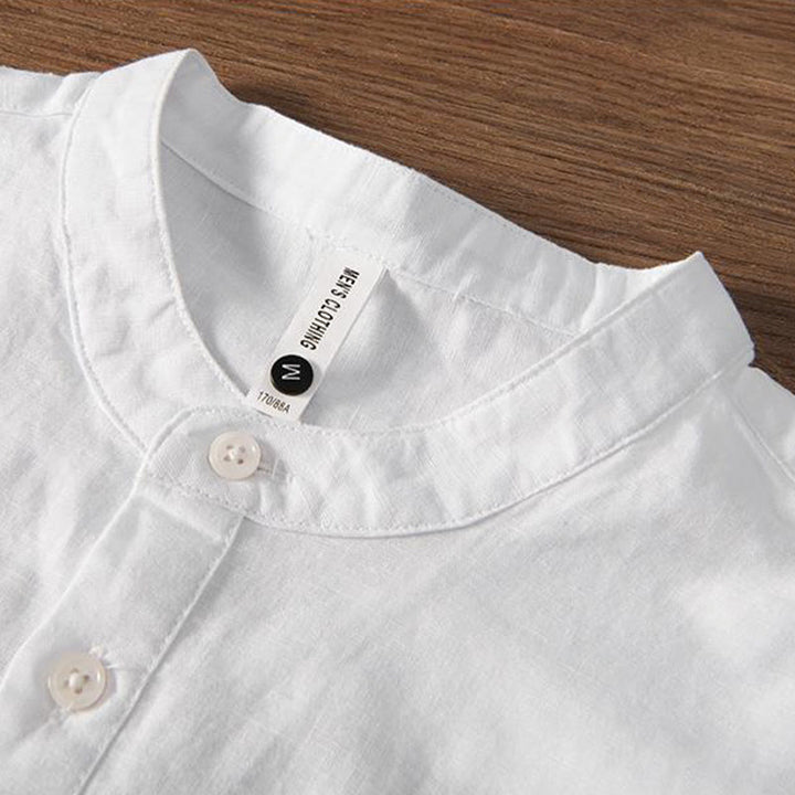 Buddha Stones Soft Embroidery Crane Pattern Stand Collar Cotton Linen Half Button Men's Shirt - image 3