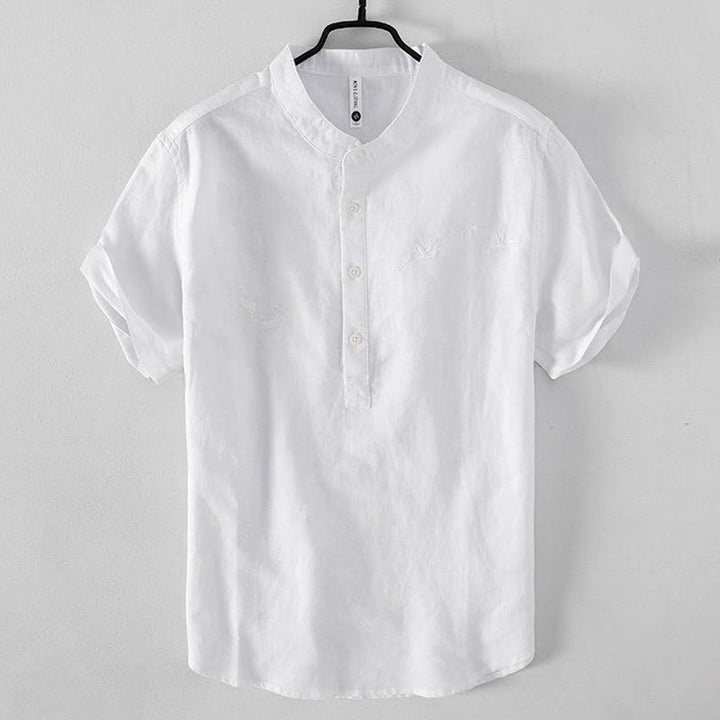 Buddha Stones Soft Embroidery Crane Pattern Stand Collar Cotton Linen Half Button Men's Shirt - White - US/UK/AU42，EU52 (3XL) - image 1