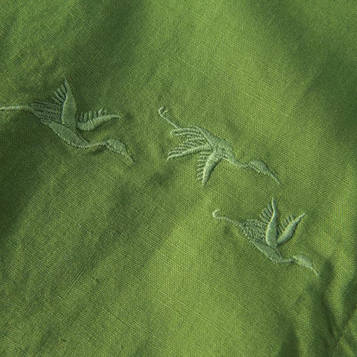 Buddha Stones Soft Embroidery Crane Pattern Stand Collar Cotton Linen Half Button Men's Shirt - image 13