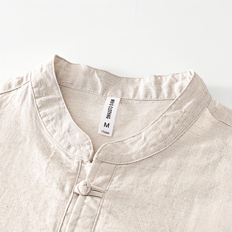 Buddha Stones Soft Plain Frog-button Crew Neck Cotton Linen Half Button Men's Shirt - image 1