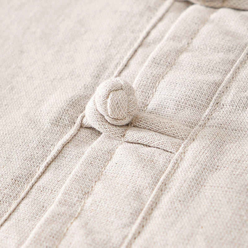 Buddha Stones Soft Plain Frog-button Crew Neck Cotton Linen Half Button Men's Shirt - image 2