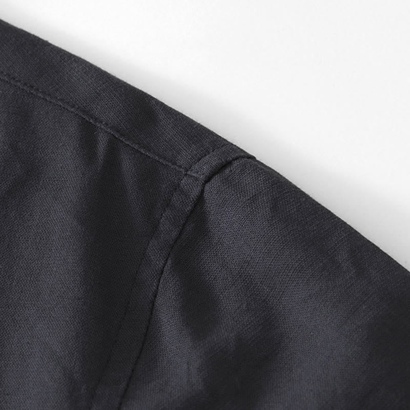 Buddha Stones Soft Plain Frog-button Crew Neck Cotton Linen Half Button Men's Shirt - image 13