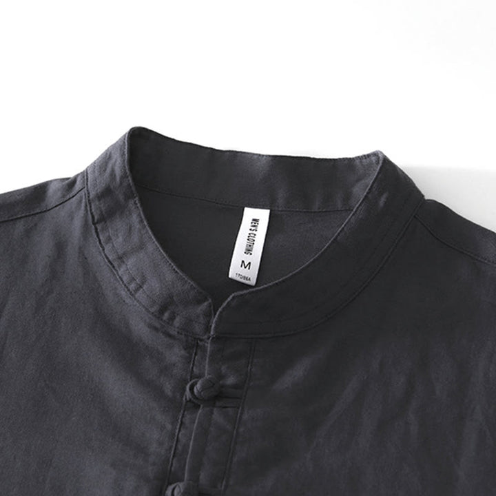 Buddha Stones Soft Plain Frog-button Crew Neck Cotton Linen Half Button Men's Shirt - image 11