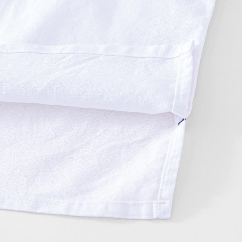 Buddha Stones Soft Plain Frog-button Crew Neck Cotton Linen Half Button Men's Shirt - image 20