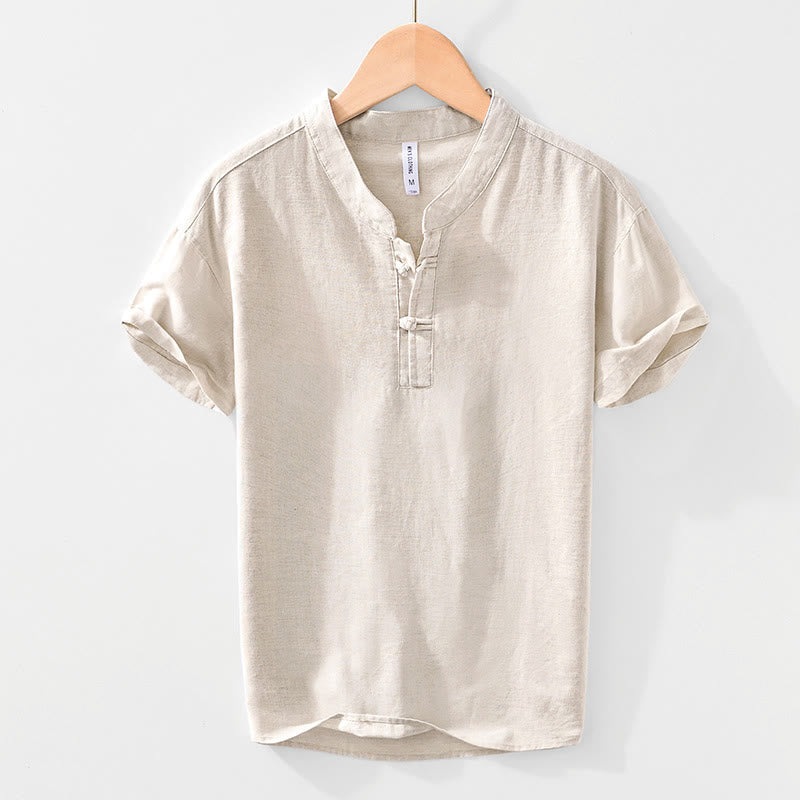 Buddha Stones Soft Plain Frog-button Crew Neck Cotton Linen Half Button Men's Shirt - Beige - US/UK/AU42，EU52 (3XL) - image 0