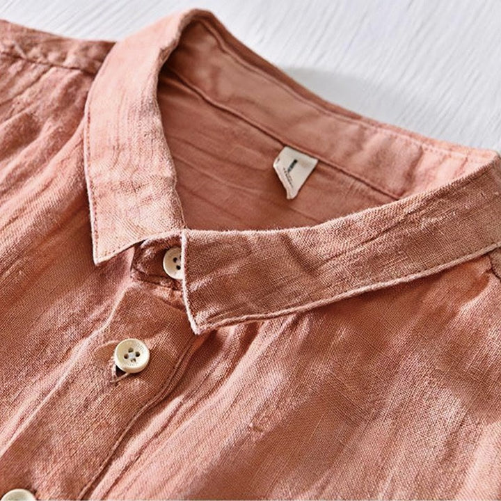 Buddha Stones Simple Design Short Sleeve Lapel Linen Half Button Men's Shirt - image 13
