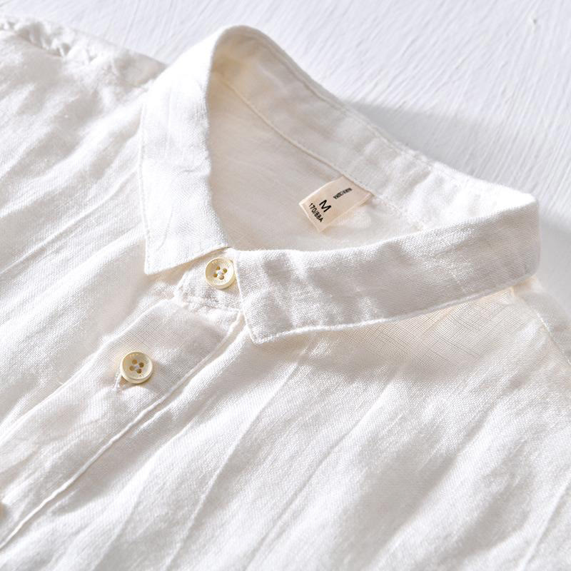 Buddha Stones Simple Design Short Sleeve Lapel Linen Half Button Men's Shirt - image 5