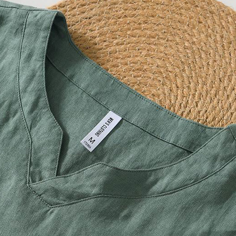 Buddha Stones Casual Plain V-neck Short Sleeve Linen Men's Shirt - image 12