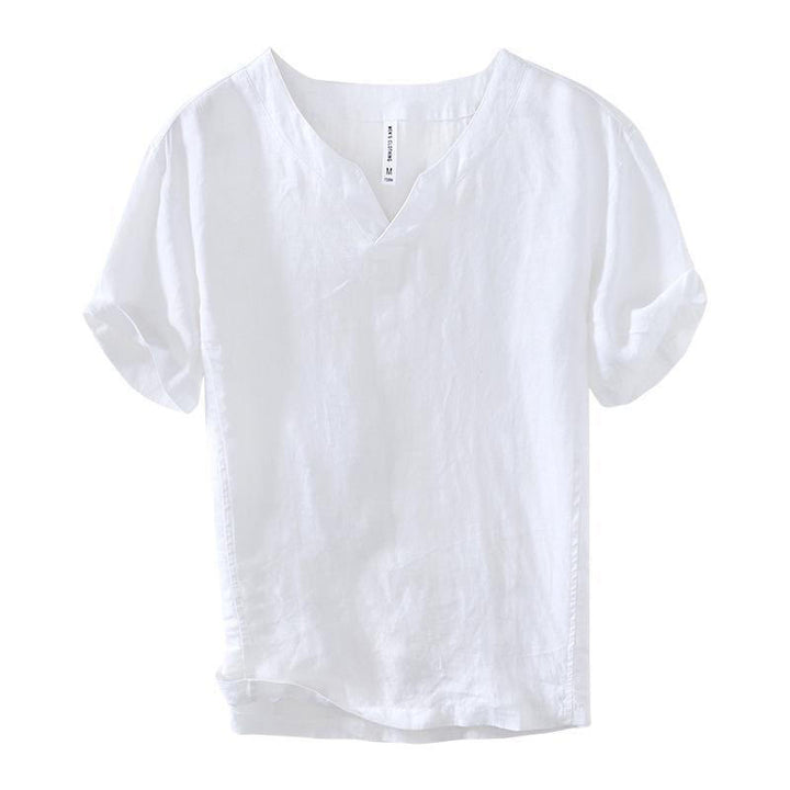 Buddha Stones Casual Plain V-neck Short Sleeve Linen Men's Shirt - image 26