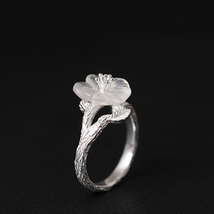 Buddha Stones 925 Sterling Silver White Crystal Skeleton Flower Adjustable Healing Ring - image 2