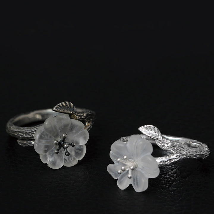 Buddha Stones 925 Sterling Silver White Crystal Skeleton Flower Adjustable Healing Ring - image 13