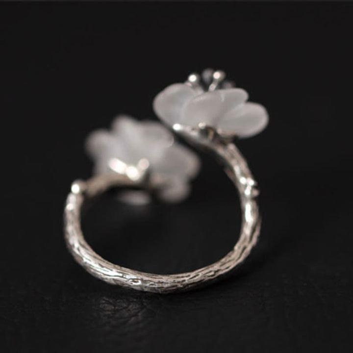 Buddha Stones 925 Sterling Silver White Crystal Double Plum Blossom Flower Adjustable Protection Ring - image 9