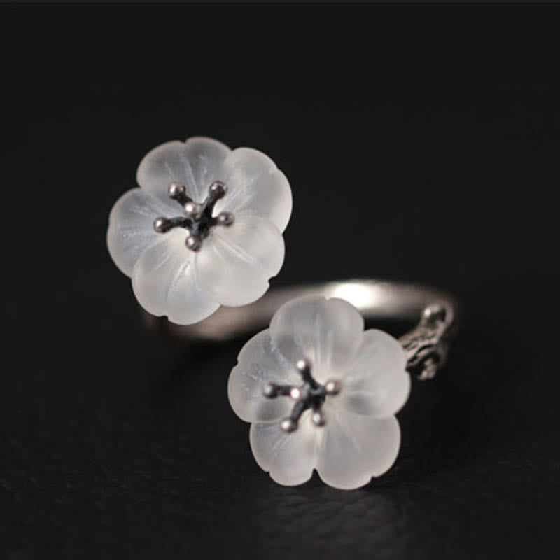 Buddha Stones 925 Sterling Silver White Crystal Double Plum Blossom Flower Adjustable Protection Ring - image 7